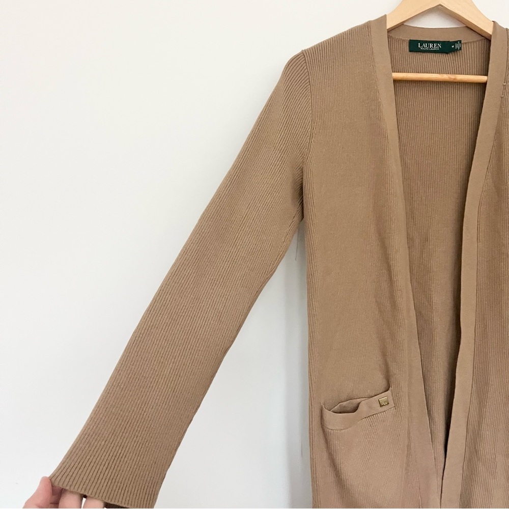 Lauren Ralph Lauren Open Front Cardigan Sweater Ribbed Knit Tan Brown Womens M - Picture 8 of 12